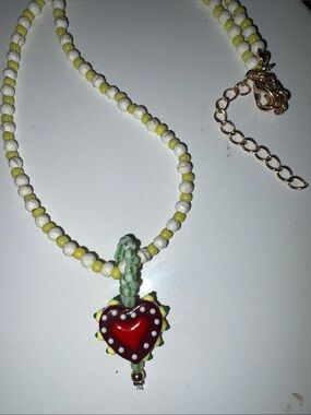 Source Unknown Yellow & White Beaded Necklace with Red Heart Pendant